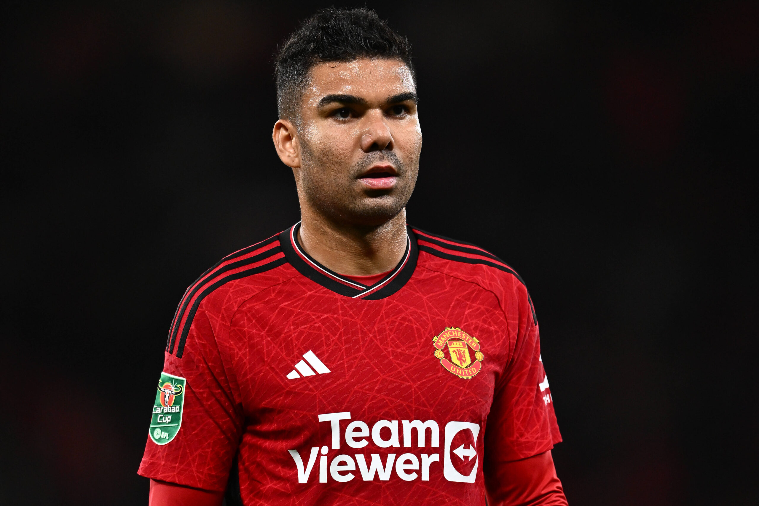 MANCHESTER, ENGLAND - SEPTEMBER 26: Casemiro of Manchester United, ManU looks on during the Carabao Cup Third Round matc