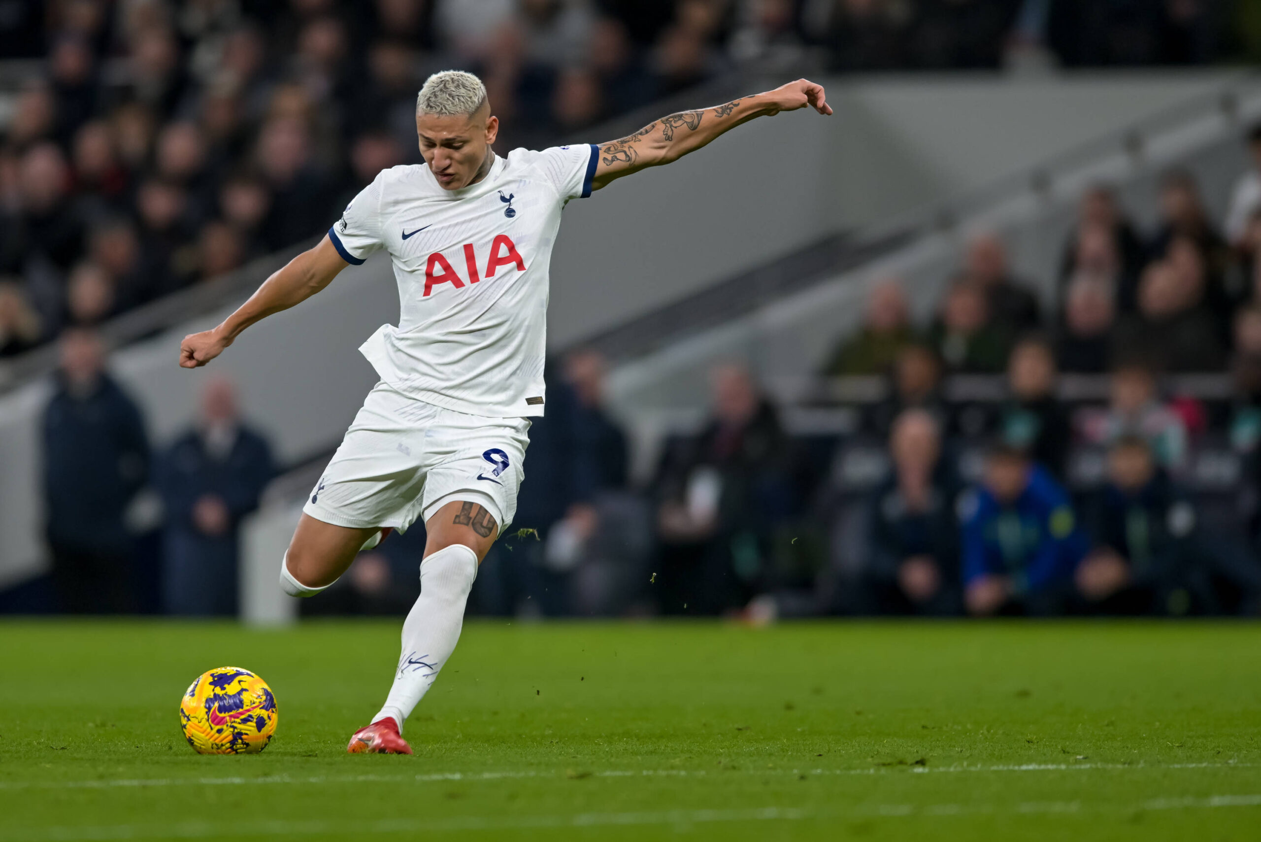 Richarlison of Tottenham Hotspur prepares to shoot during the Premier League match between Tottenham Hotspur and Brentfo